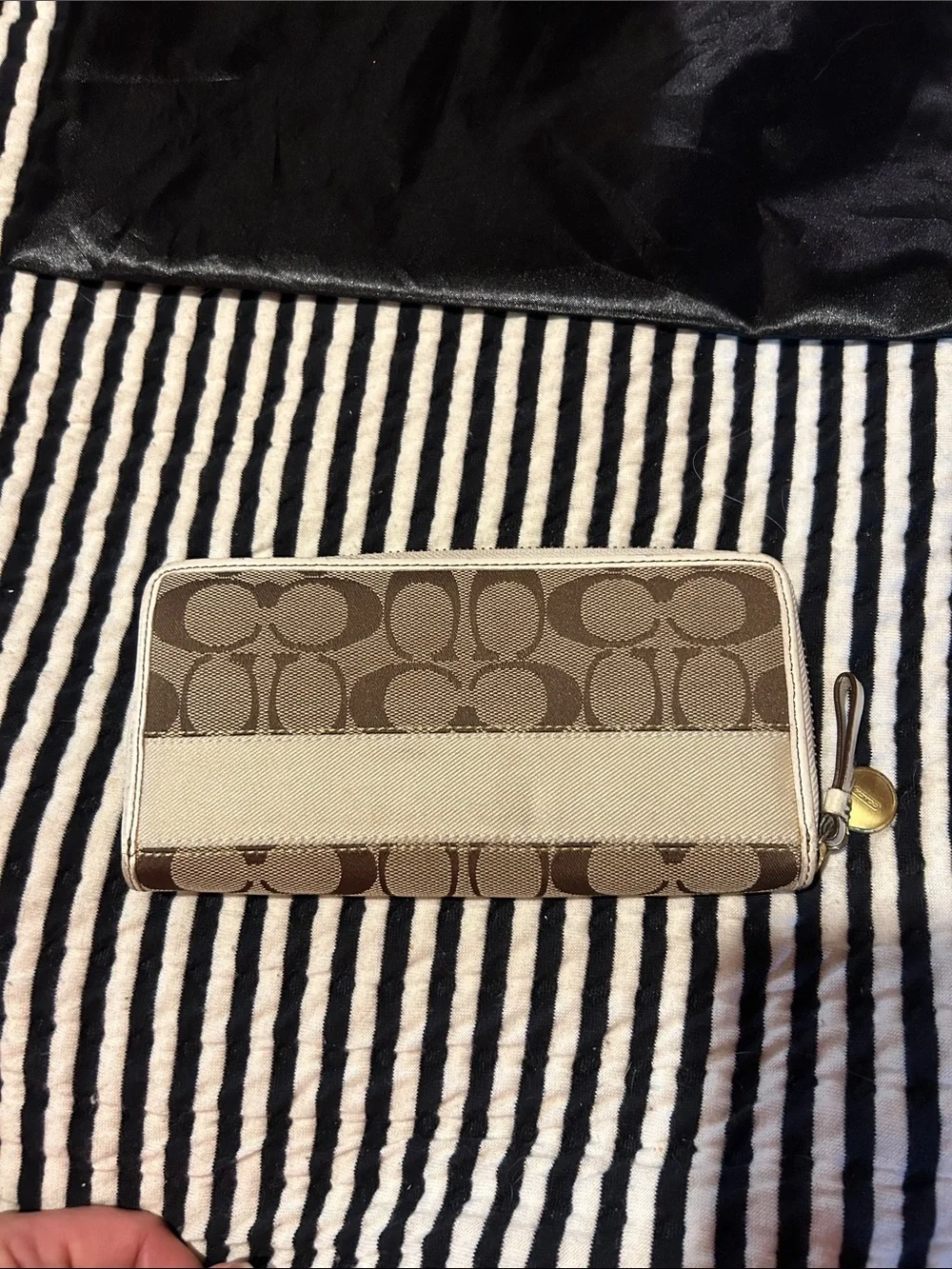 Coach Beige and Brown Signature Zip Wallet